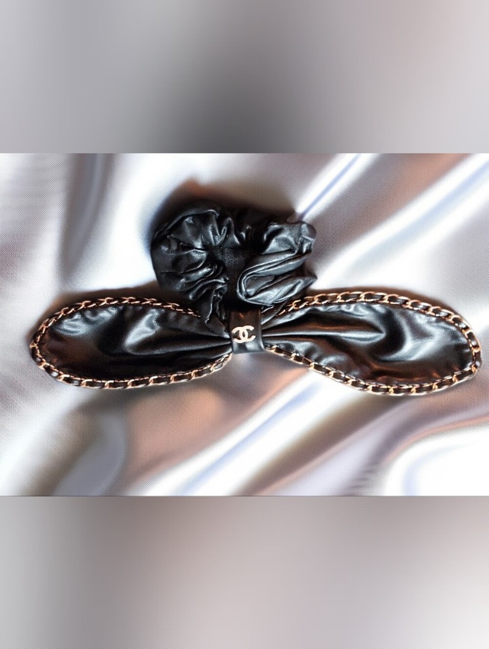 Chanel Black Bow Hair Scrunchie with Gold Chain Trim - New!